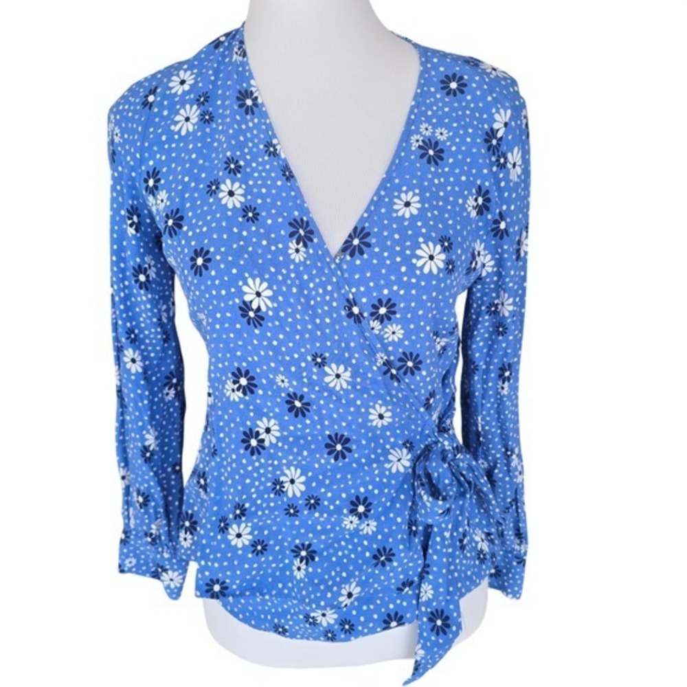 Talbots Blue Floral Wrap‎ Blouse Long Sleeve V Neck Button S P